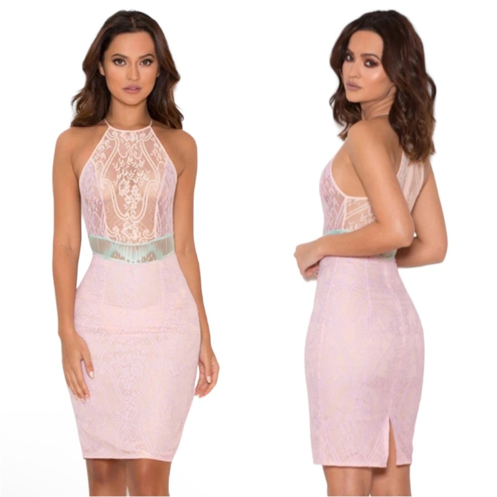 House of CB Women’s M Alvaro Pink Pastel Lace Halter Bodycon Dress RETAIL $398+